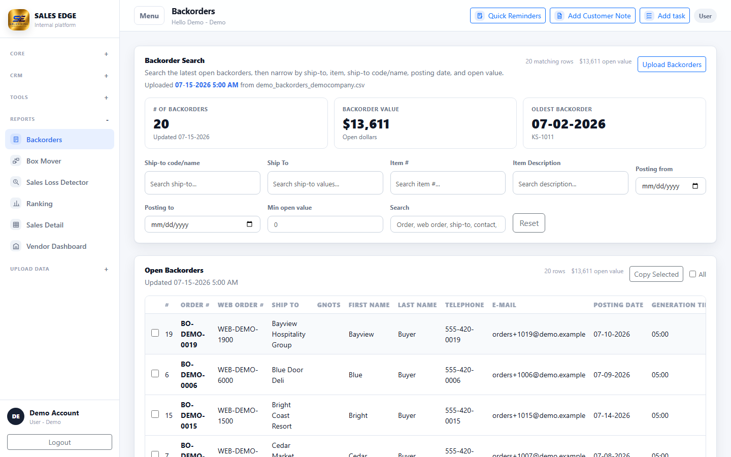 Sales Edge backorder tracking